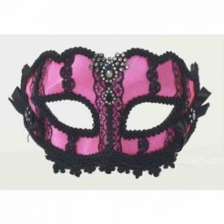 Retro 80s Neon Pink Black Lace Costume Venetian Eye Mask with Bows Rhinestone Clothing