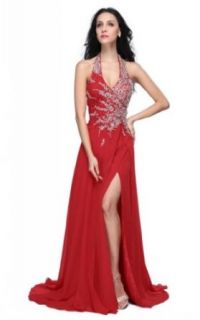 Joydress Women's Slit A line Halter Floor length Dress Red