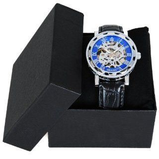 Luxury Transparent Skeleton Mechanical Clock Hand winding Men Cuff Watch Leather Watches