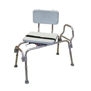 Sliding Transfer Bench   Padded swivel seat with safety belt rotates 360 degrees and glides smoothly on heavy duty frame rails. Double safety locking mechanism provides added security and comfort. Reversable armrest accommodates any bathroom. Easy assembly