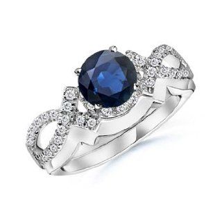 Sapphire Diamond Wedding Set, Vintage Sapphire Ring, Diamond Band in White Gold Jewelry