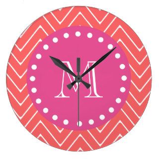 Hot Pink, Coral Chevron  Your Monogram Clock