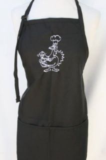 Black Embroidered Apron with cartoon Turkey cooking Clothing