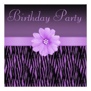 Purple Zebra Stripes Bling Flower Birthday Party Custom Invites