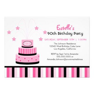 Pink and Black 90th Birthday Cake Party Invitation