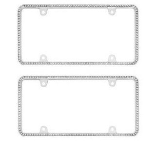 2 Pack Single Row Silver Crystal Rhinestone Stainless Steel License Plate Frame Automotive