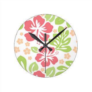 pink hibiscus Hawaiian floral pattern Wall Clock
