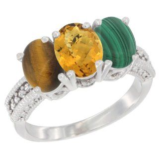 14K White Gold Natural Tiger Eye, Whisky Quartz & Malachite Ring 3 Stone 7x5 mm Oval Diamond Accent, sizes 5   10 Jewelry