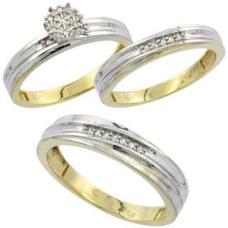 10k Yellow Gold Diamond Trio Engagement Wedding Ring Set for Him and Her 3 piece 5 mm & 3.5 mm wide 0.13 cttw Brilliant Cut, ladies sizes 5   10, mens sizes 8   14 Jewelry