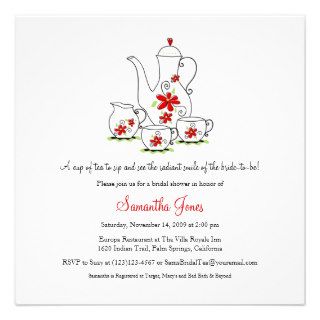 Square Tea Set Bridal Shower Invitations, Red