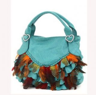 Designer Inspired Fashion Hobo W/ Braided Trim, Feather, Ruffle Accents, And Rhinestone Heart Buckles Teal Clothing