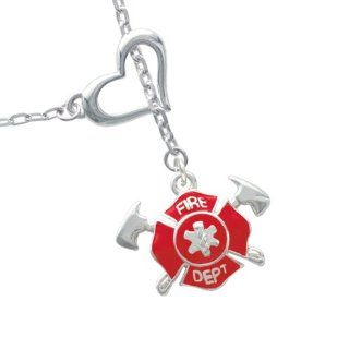 Red Fire Department Shield with Axes Heart Lariat Charm Necklace Delight Jewelry