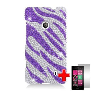 Nokia Lumia 521 (T Mobile) 2 Piece Snap on Rhinestone/Diamond/Bling Case Cover, Purple/Silver Tribal Pattern Cover + LCD Clear Screen Saver Protector Cell Phones & Accessories