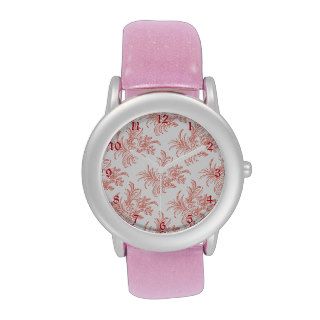 Whimsical Soft Pink Floral Damask with Red Numbers Wrist Watches
