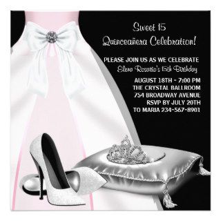 Party Dress Tiara Pink Black Quinceanera Invite