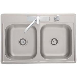 FrankeUSA Top Mount Stainless Steel 33x22x7 4 Hole Double Bowl Kitchen Sink with Faucet FDS704NKIT