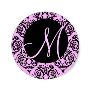 Pink and Black Monogram M Damask Wedding Sticker