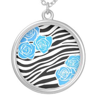 Black and white Zebra pattern + blue roses Custom Necklace