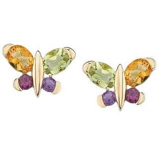 14k Yellow Gold Multicolor Stone Butterfly Earrings Jewelry