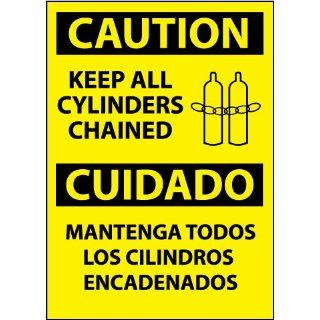 NMC ESC530PB Bilingual OSHA Sign, Legend "CAUTION   KEEP ALL CYLINDERS CHAINED" with Graphic, 10" Length x 14" Height, Pressure Sensitive Vinyl, Black On Yellow Industrial Warning Signs