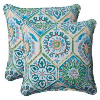 Outdoor 2 Piece Square Toss Pillow Set   Turquoise/Coral Medallion