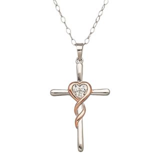 Two Tone Sterling Silver Diamond Accent Cross & Heart Pendant, Womens