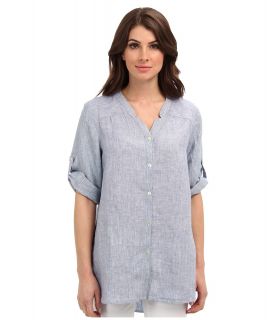 Jones New York Notched Collar Roll Sleeve Shirt Womens Long Sleeve Button Up (Blue)