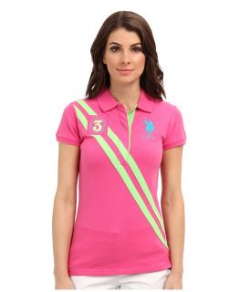 U.S. Polo Assn Double Diagonal Striped Polo Womens Short Sleeve Knit (Pink)