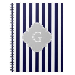Navy Blue White Stripe Lt Gray Quatrefoil Monogram Journal