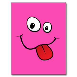 Funny goofy smiley sticking out his tongue, pink postcard