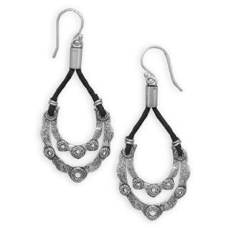 65495 Oxidized Sterling Silver and Leather Earrings Ear Earrings Earing Face Head Girl Woman Lady Metal Sterling Siliver 0.925