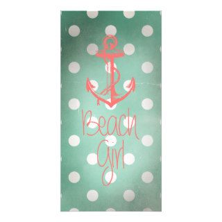 "Beach Girl" Nautical Anchor Mint Polka Dots Personalized Photo Card