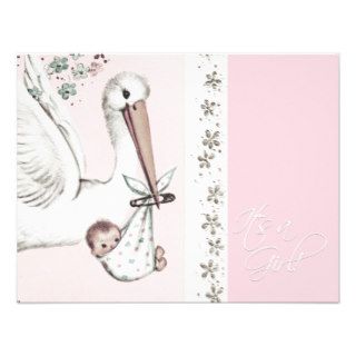 Vintage Pink Stork Baby Girl Shower Invitations