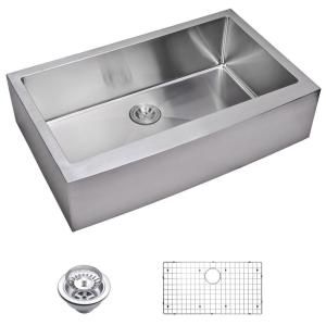 Water Creation Apron Front Small Radius Stainless Steel 36x22x10 0 Hole Single Bowl Kitchen Sink with Strainer and Grid in Satin Finish SSSG AS 3622B