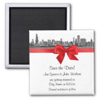 Chicago Skyline Etched BW Red Save the Date Fridge Magnet