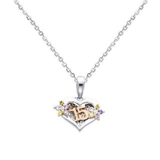 14K White Gold 15 A�os CZ Charm Pendant with White Gold 1.2mm Side Diamond cut Rolo Cable Chain Necklace with Spring ring Clasp   16" Inches   Pendant Necklace Combination The World Jewelry Center Jewelry