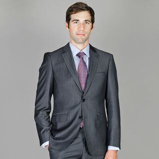 Men's Slim Fit Black Stripe Wool and Silk Blend Suit Suits