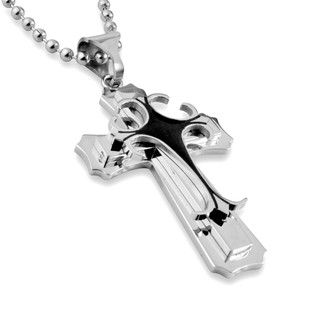 Stainless Steel Layered Cross with Black Accent Necklace West Coast Jewelry Men's Necklaces
