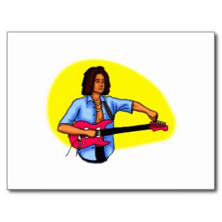 Dark skinned guitar player tuning pink red guitar postcards