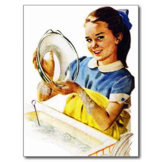 Vintage Retro Women Girl Doing the Dishes Post Cards