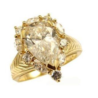 14k Yellow Gold, Vintage Design Lady's Engagement Ring Pear Shape Created Gems Jewelry