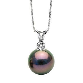 Cultured Saltwater Black Tahitian Pearl and .10ct Diamond Accent Glimmer Pendant, Size 10.0 11.0mm   14K White Gold Bale and Box Chain Jewelry