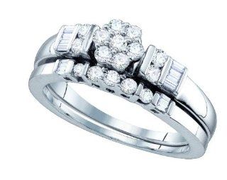Ladies 14K White Gold .54ct Baguette Round Cut Diamond Flower Wedding Engagement Bridal Ring Set Jewelry