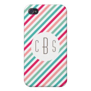 Monogram Initials Colorful Stripes Aqua Blue Pink Covers For iPhone 4