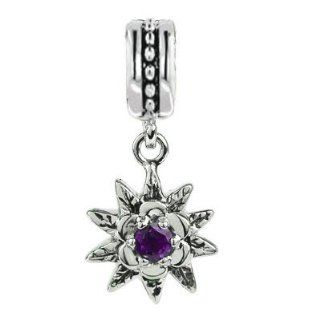 Sterling Silver Dangle Sunflower Charm with Amethyst Gemstone, Fits Pandora, Jovana Bracelet, Is a Nice Pendant Bead Charms Jewelry