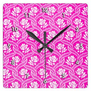 Hot Pink White Vintage Floral Wallpaper Square Wall Clock