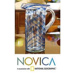 Blown Glass 'Blue Caress' Pitcher (Guatemala) Novica Serving Pieces