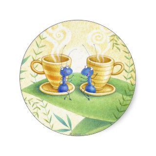 Cute ant friends having coffee round stickers