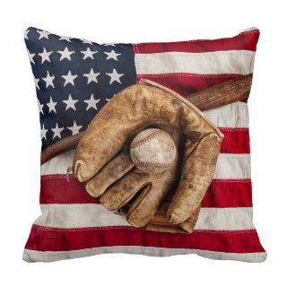 Vintage Baseball on American Flag Throw Pillow