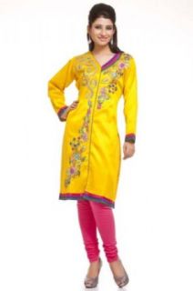 Chhabra 555 Womens Bright Yellow Dupion Kurti Xl Clothing